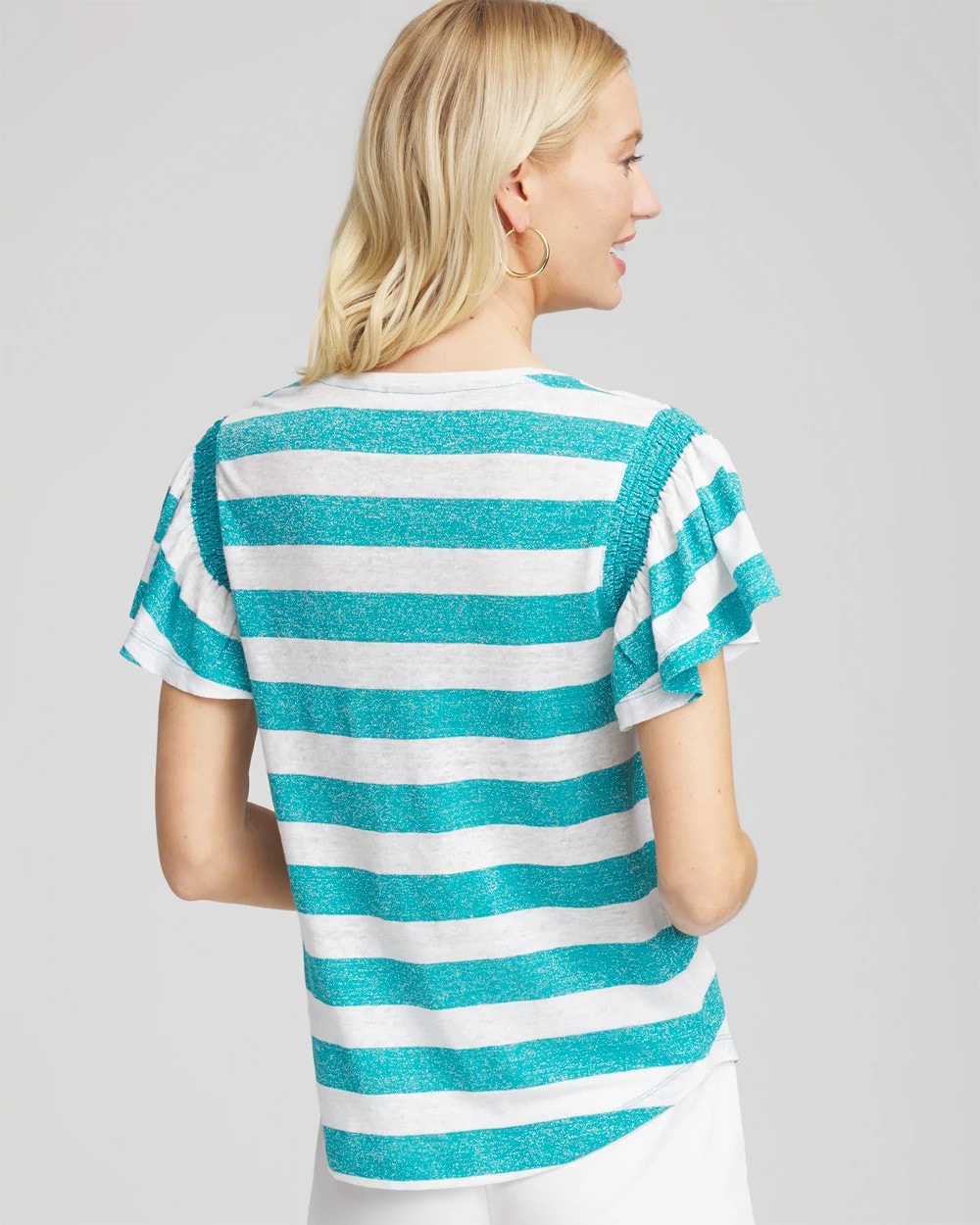 Chico's Linen Metallic Striped Flutter-Sleeve Tee