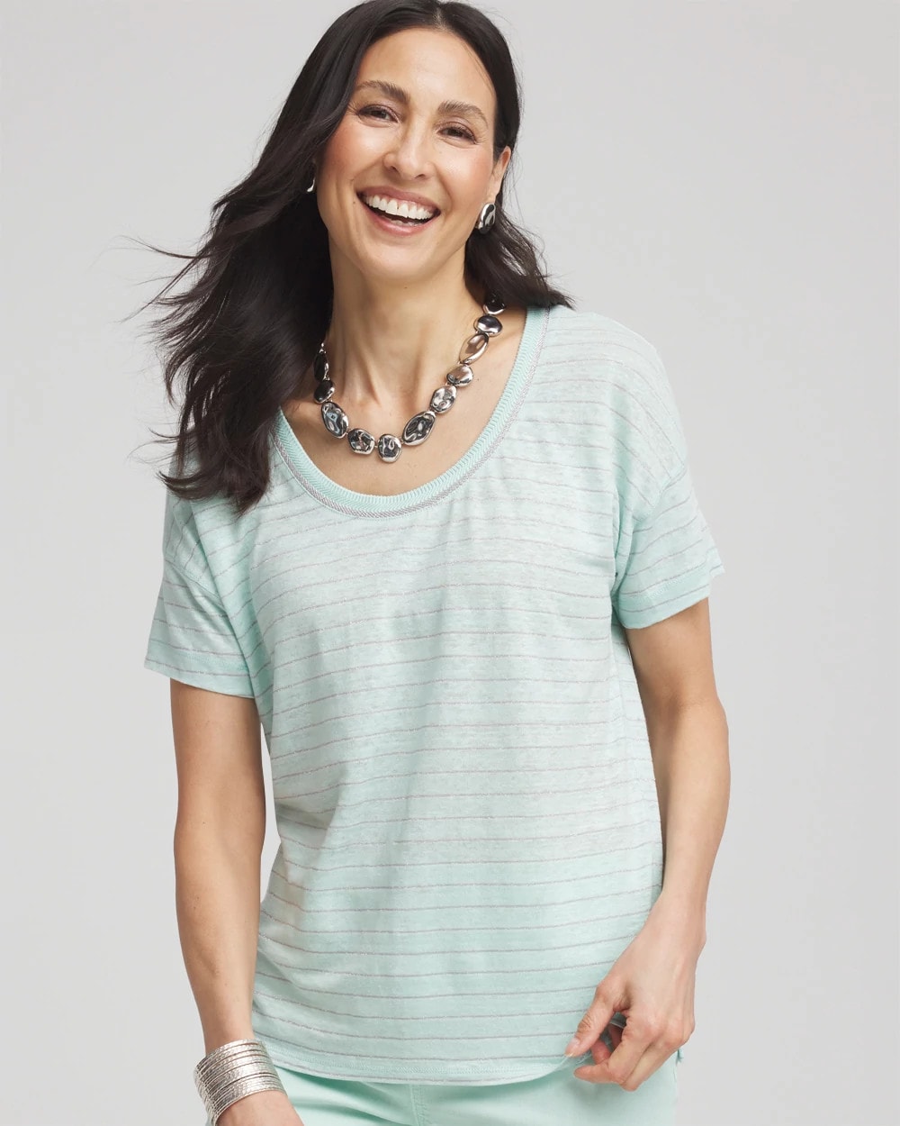 Chico's Striped Sweater-Trim Linen Tee