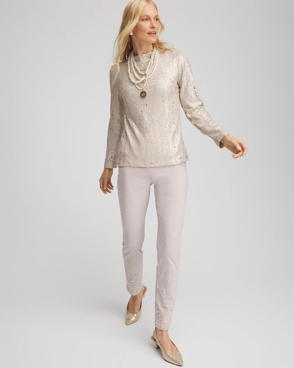 Chico's Sequin Funnel Neck Tee
