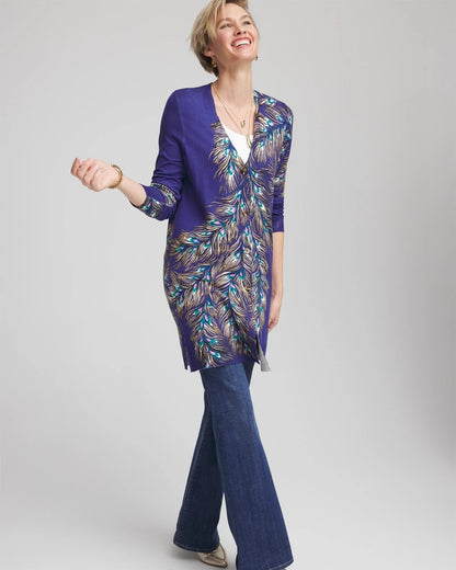 Chico's Ella Peacock-Print Cardigan Sweater