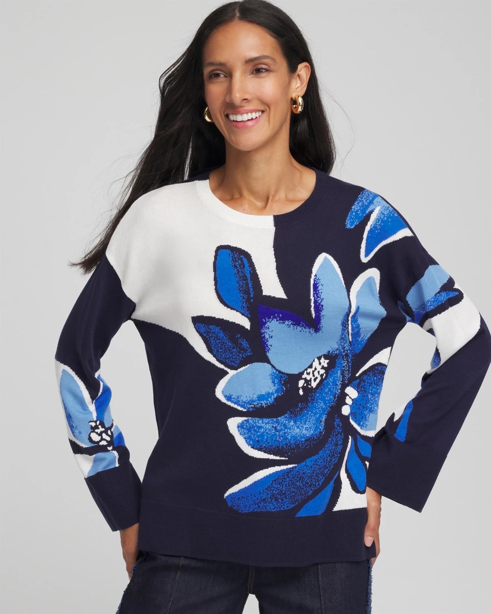 Chico's Floral Intarsia Crewneck Pullover