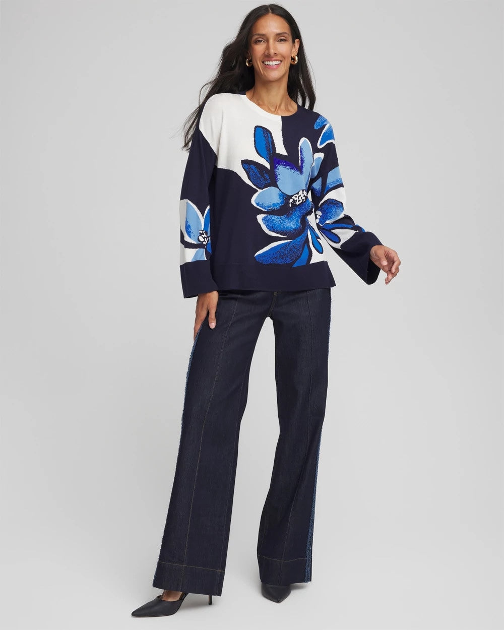 Chico's Floral Intarsia Crewneck Pullover