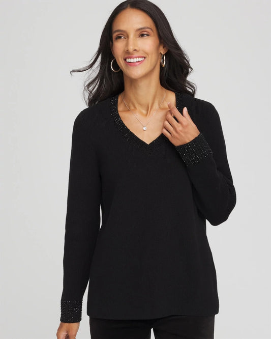 Chico's Embellished V-Neck Pullover Sweater