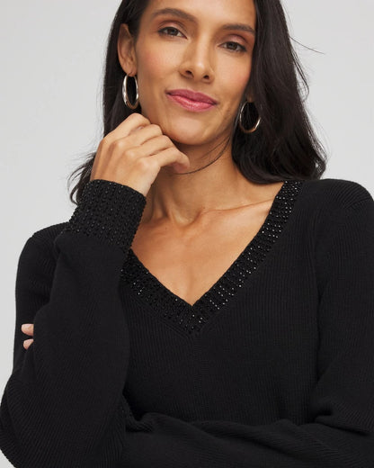 Chico's Embellished V-Neck Pullover Sweater
