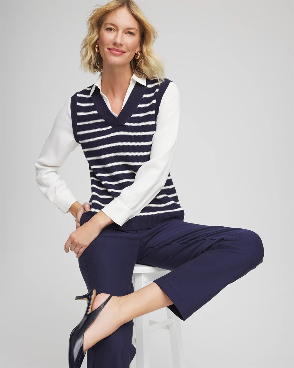 Chico's Striped V-Neck 2 in 1 Sweater Vest