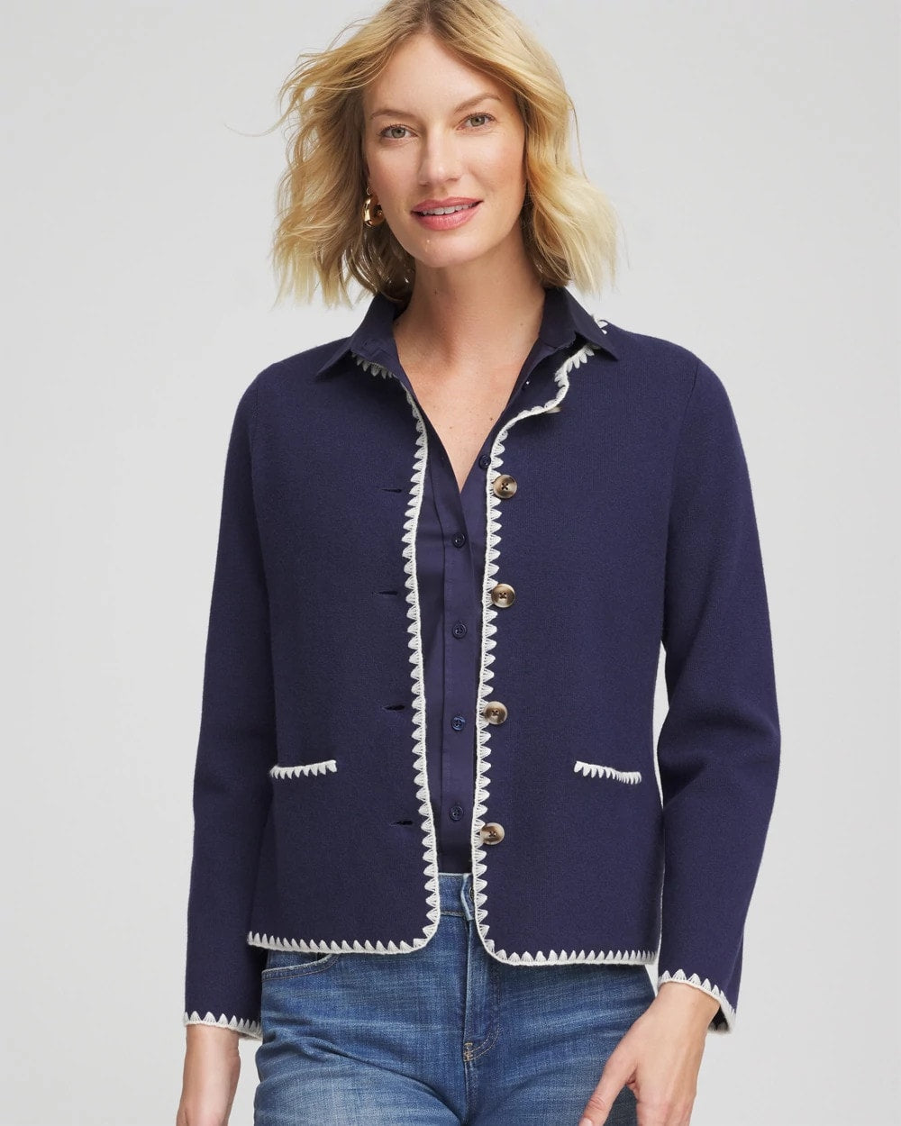 Chico's Blanket Stitch Crewneck Cardigan