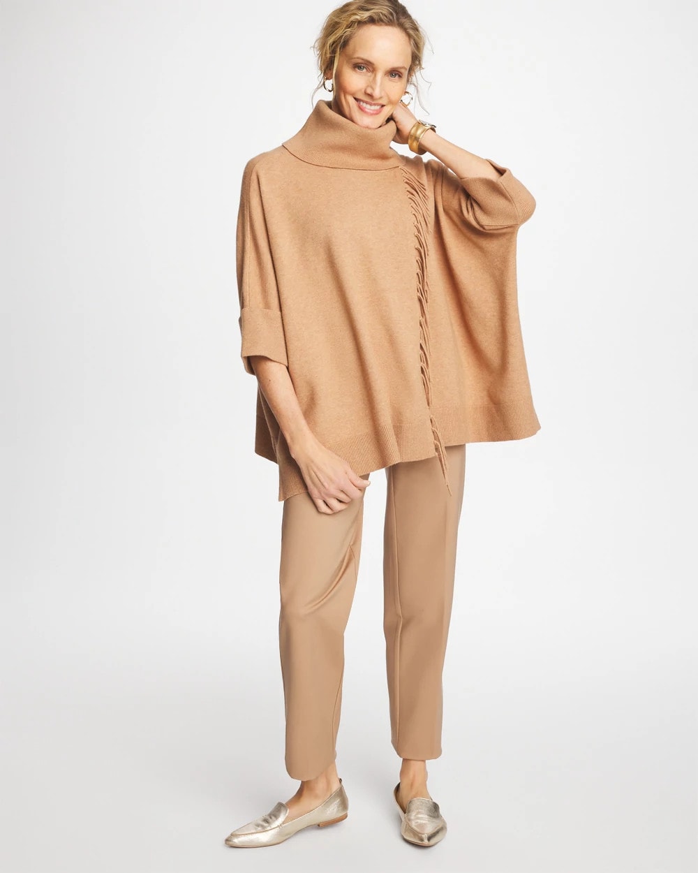 Chico's Cowlneck Knit Fringe Poncho