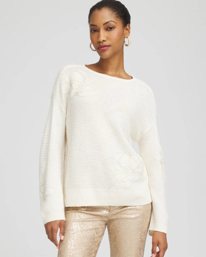 Chico's Tonal Embroidered Boatneck Pullover Sweater