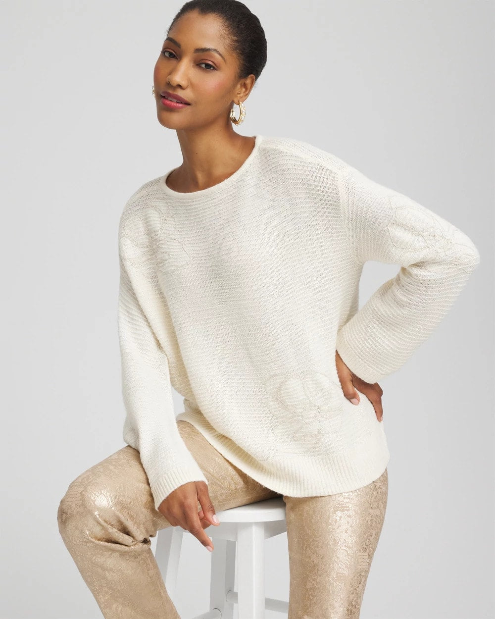 Chico's Tonal Embroidered Boatneck Pullover Sweater
