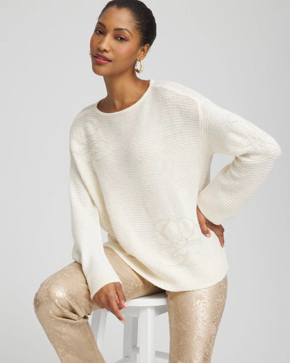 Chico's Tonal Embroidered Boatneck Pullover Sweater