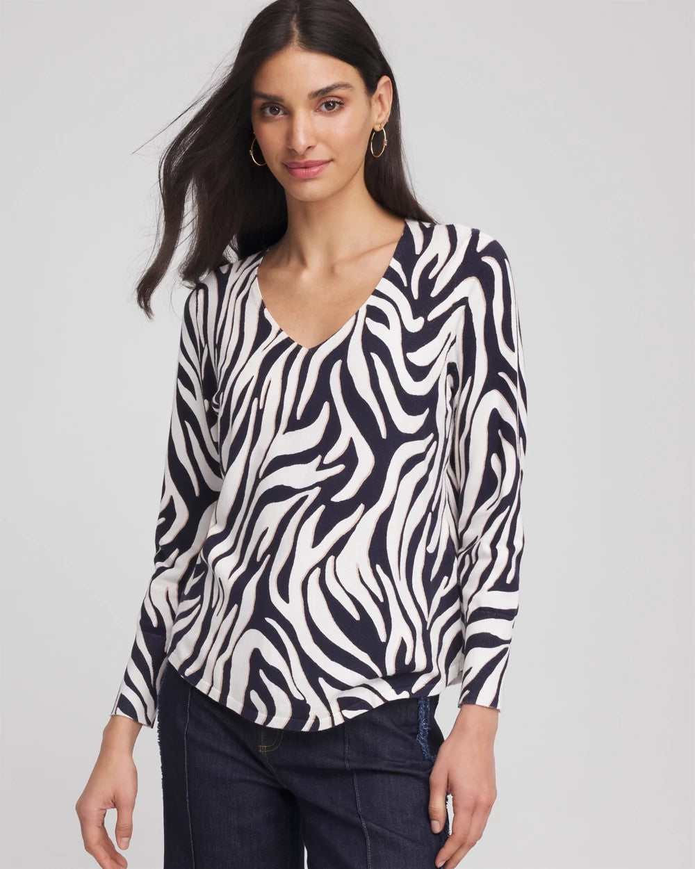 Chico's Ella Zebra V-Neck Pullover Sweater