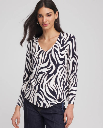 Chico's Ella Zebra V-Neck Pullover Sweater