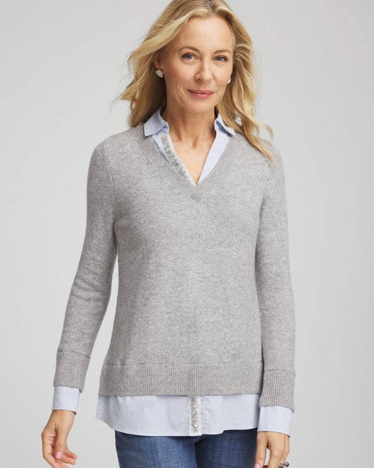 Chico's Sequin Built-In Shirt Knit Sweater