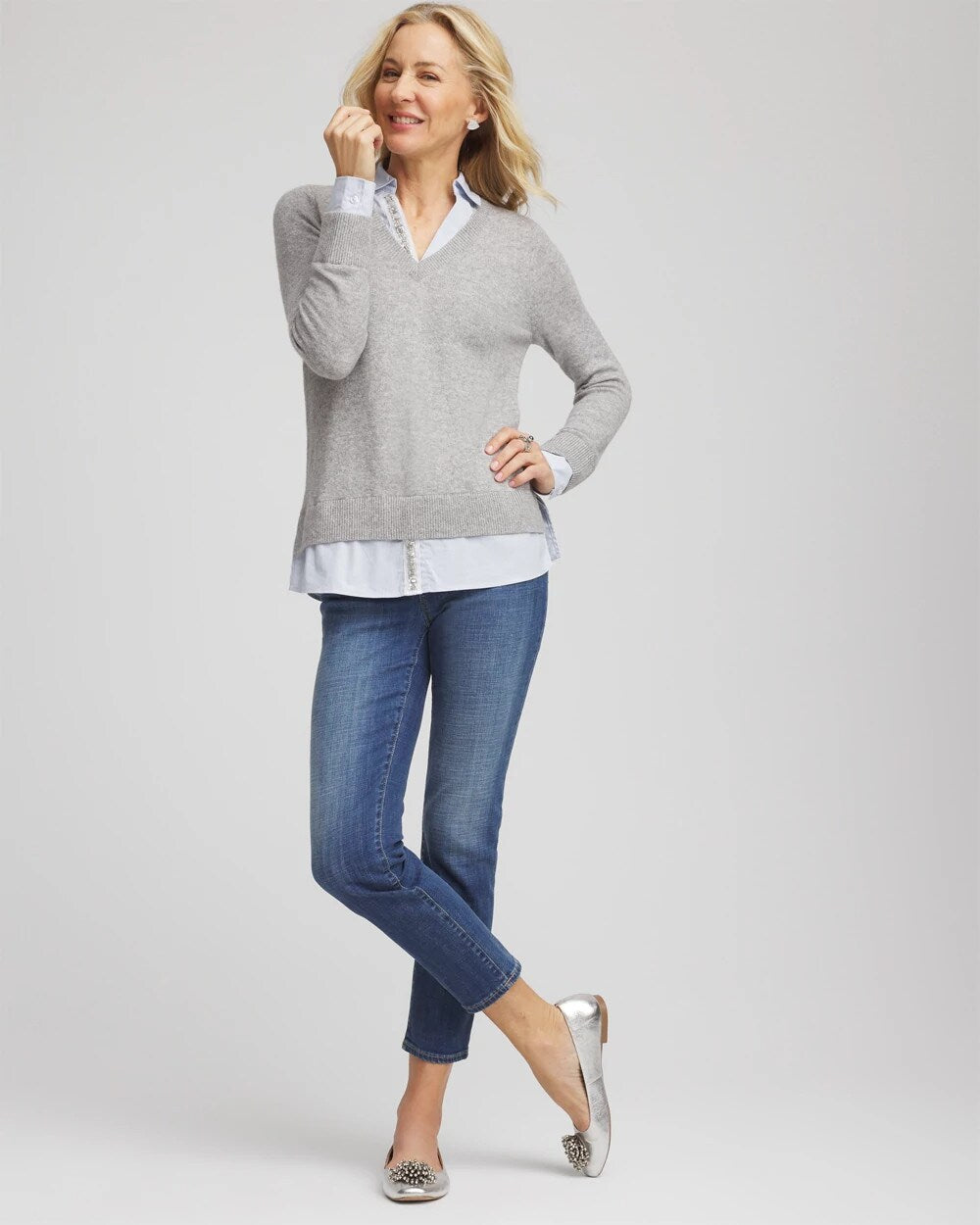 Chico's Sequin Built-In Shirt Knit Sweater