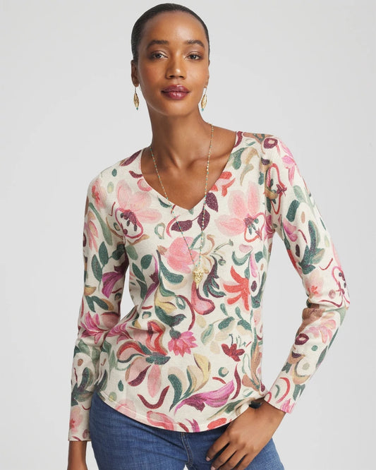 Chico's Ella V-Neck Floral Pullover Sweater