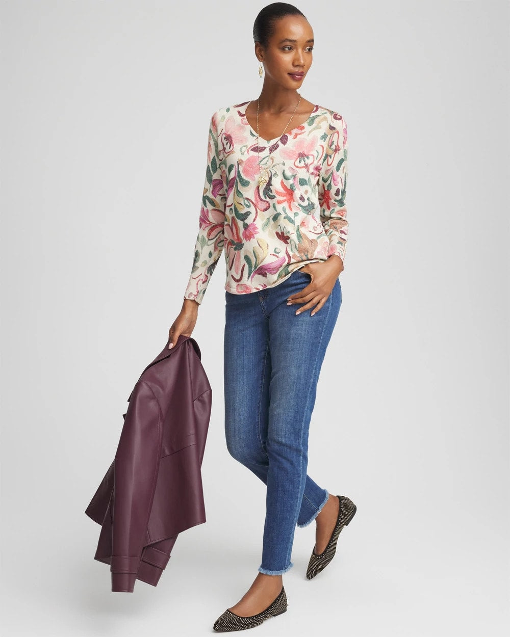 Chico's Ella V-Neck Floral Pullover Sweater