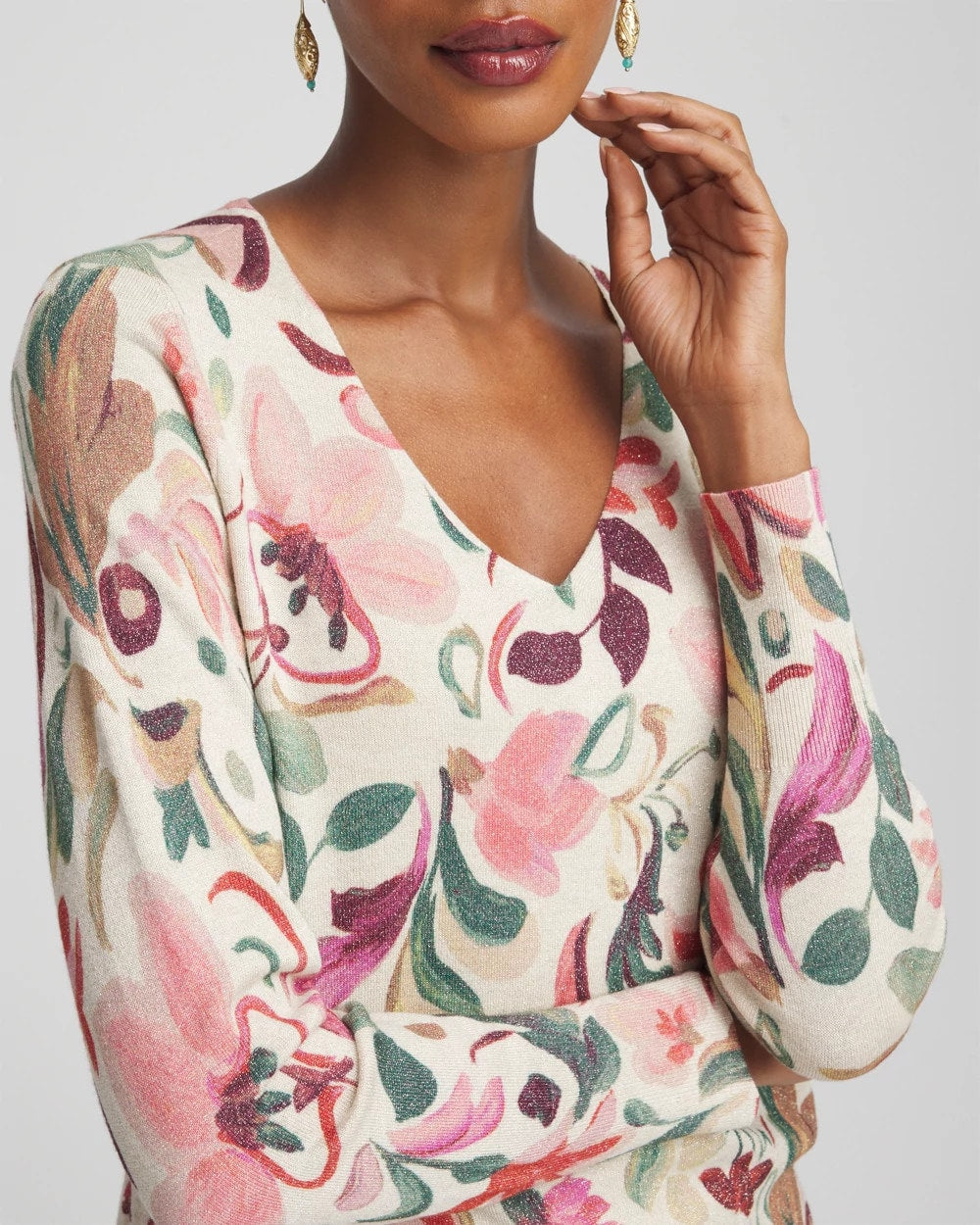 Chico's Ella V-Neck Floral Pullover Sweater