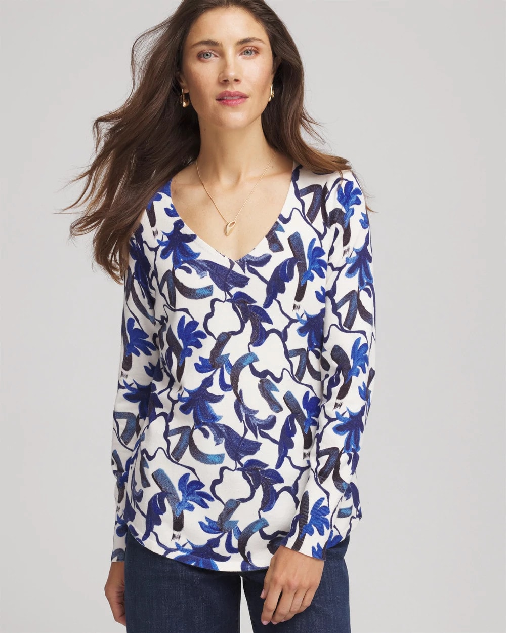 Chico's Ella V-Neck Blue-Petals Pullover Sweater