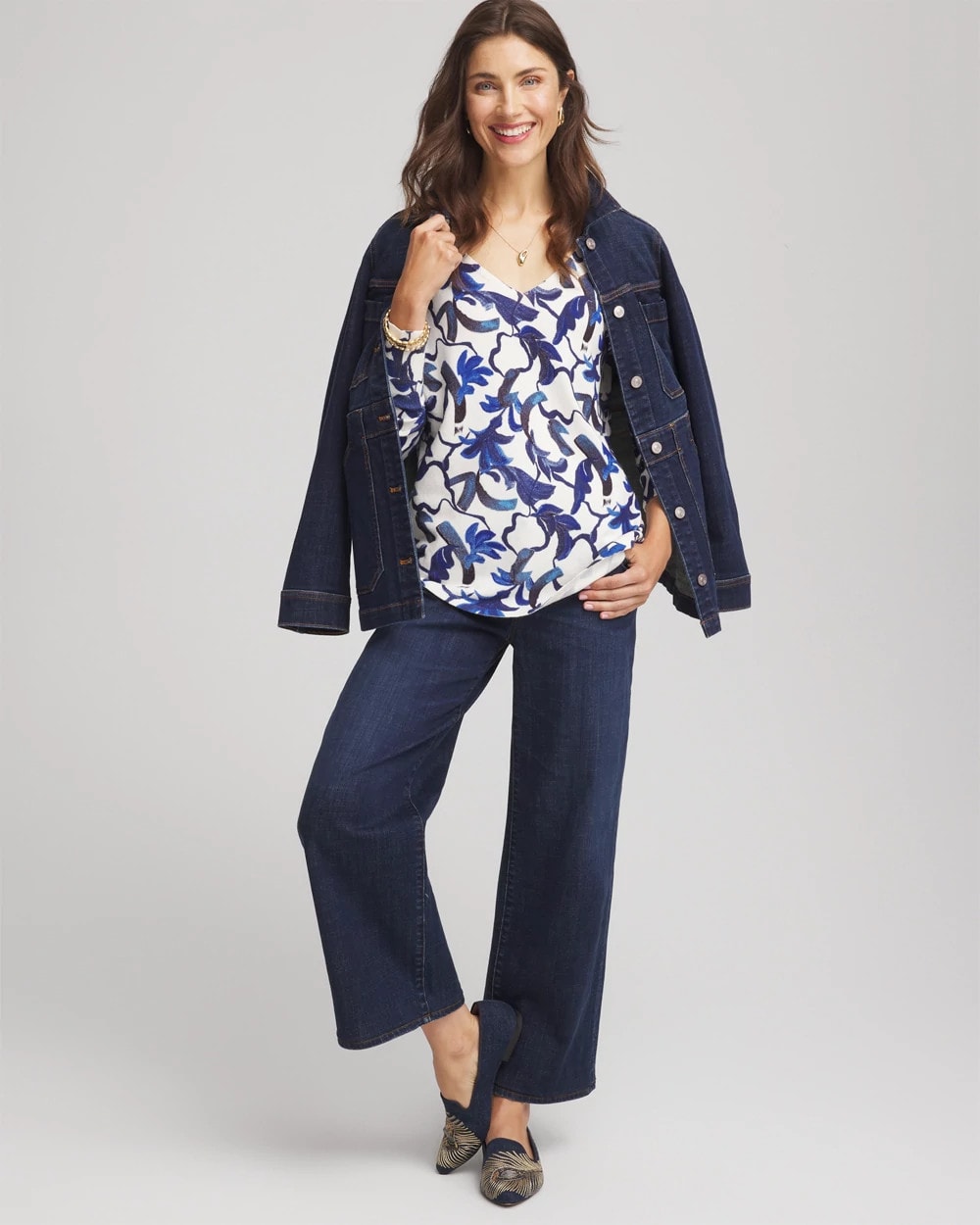 Chico's Ella V-Neck Blue-Petals Pullover Sweater