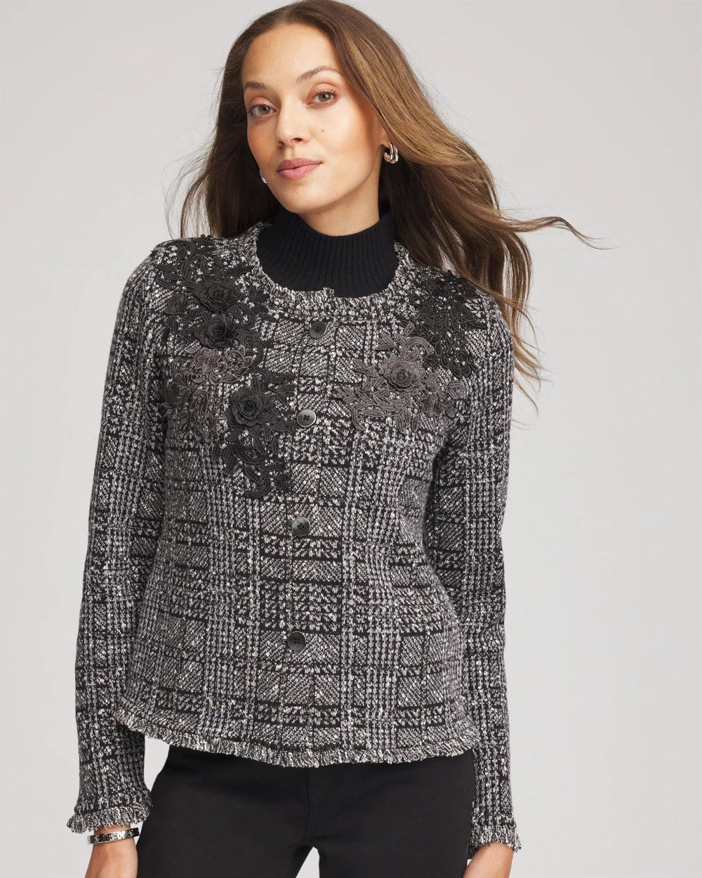 Chico's Embroidered Metallic Tweed Cardigan
