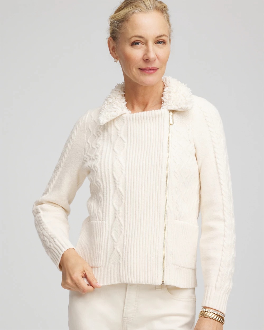 Chico's Fur Trim Moto Cardigan