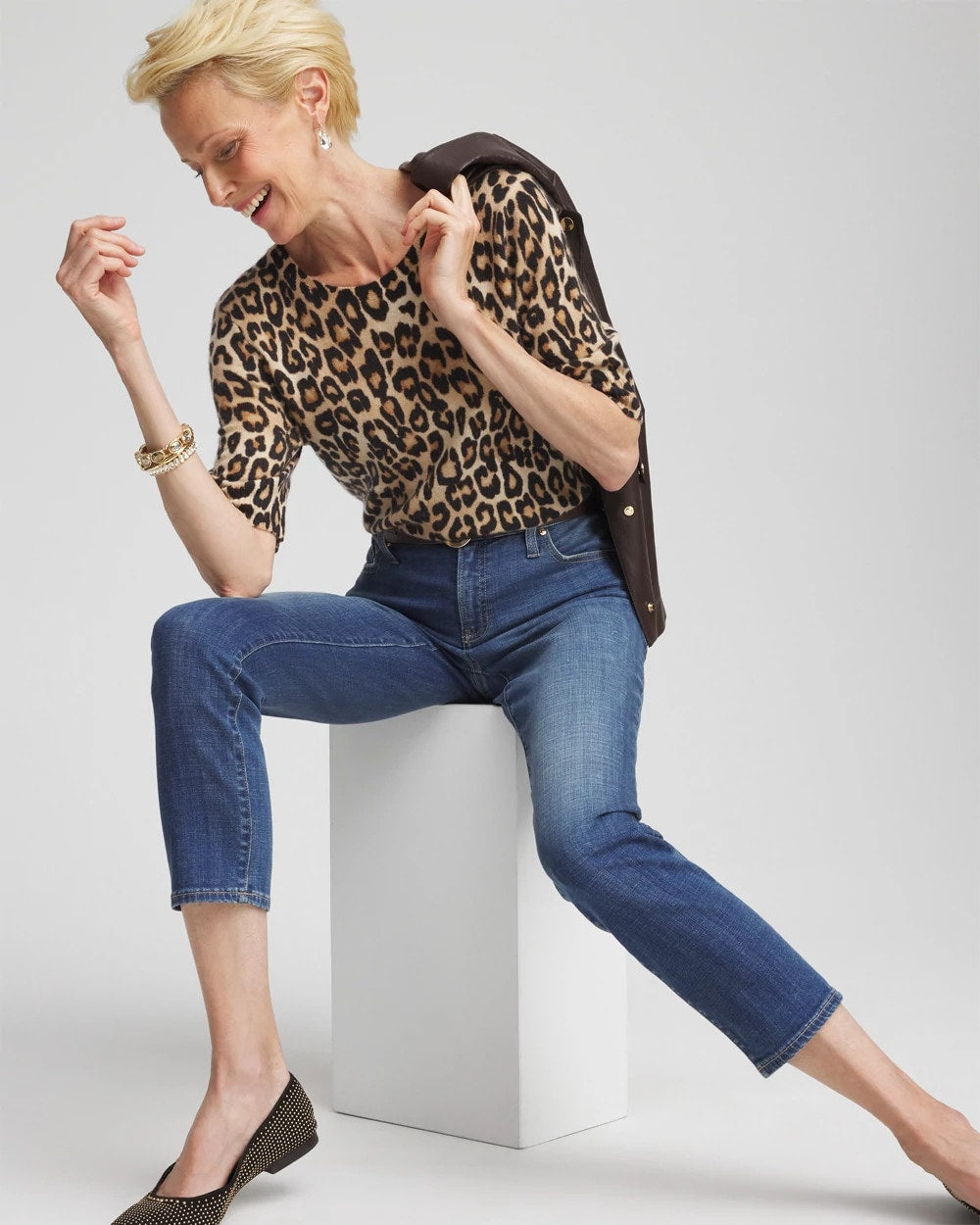 Chico's Cashmere Animal Elbow-Sleeve Pullover