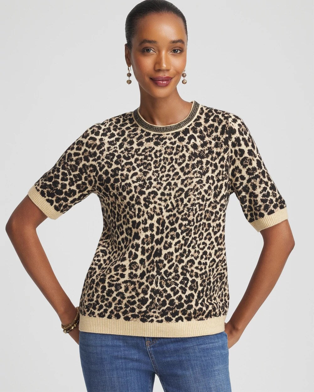Chico's Embellished Crewneck Animal-Print Sweater