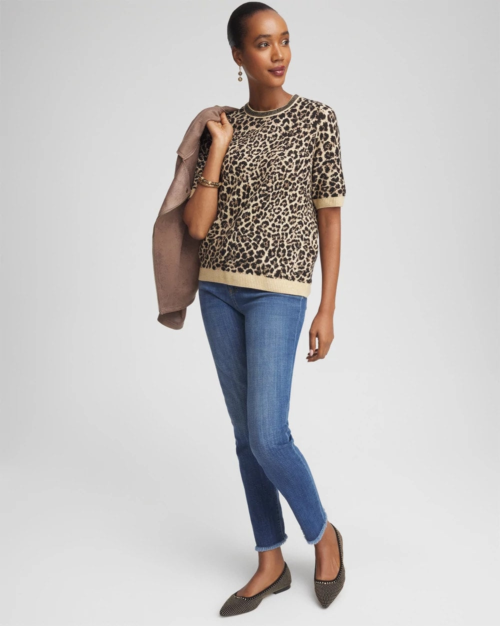 Chico's Embellished Crewneck Animal-Print Sweater