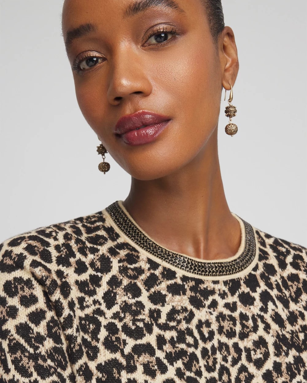 Chico's Embellished Crewneck Animal-Print Sweater