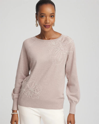 Chico's Embroidered Pull-Over Boatneck Sweater