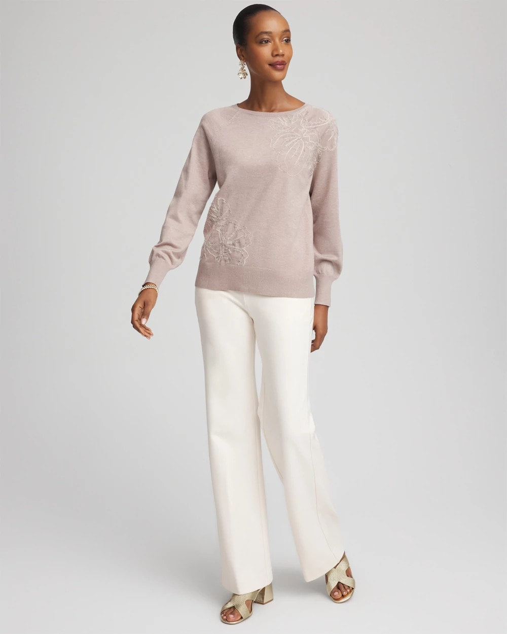 Chico's Embroidered Pull-Over Boatneck Sweater