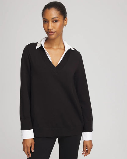Chico's Embellished Layered Collar Shirt Sweater