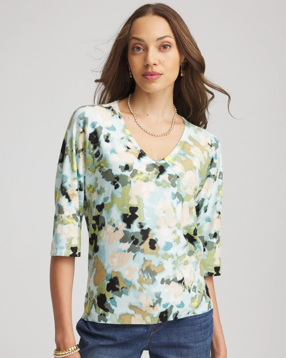 Chico's Printed Dolman V-Neck Pullover Sweater
