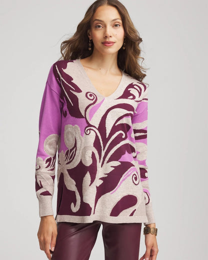 Chico's Intarsia Knit V-Neck Pullover Sweater
