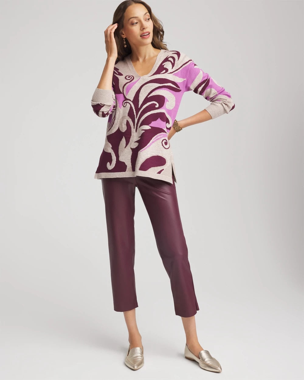 Chico's Intarsia Knit V-Neck Pullover Sweater