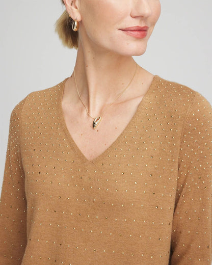 Chico's Ella V-Neck Embellished Pullover Sweater