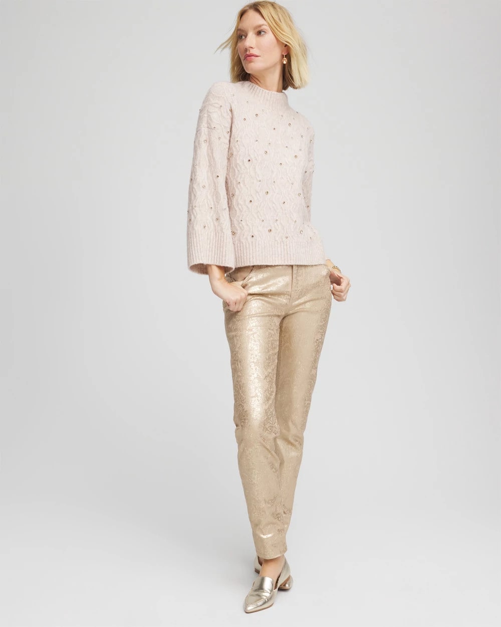 Chico's Sequined Cable Knit Sweater