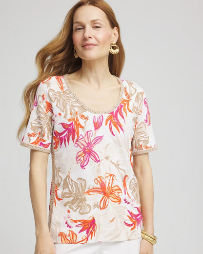 Chico's Floral Print Crochet-Trim Pullover Sweater