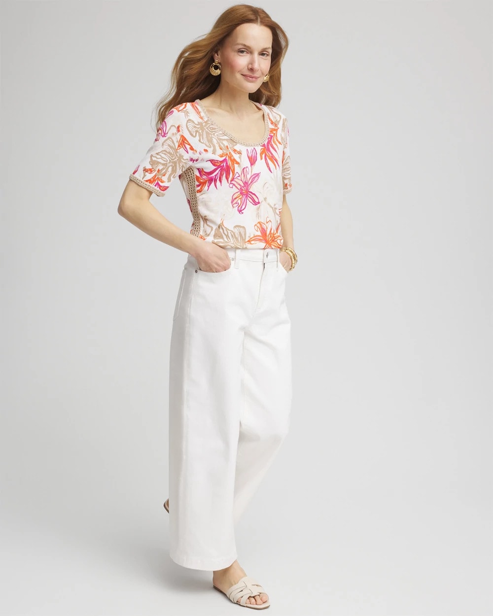 Chico's Floral Print Crochet-Trim Pullover Sweater