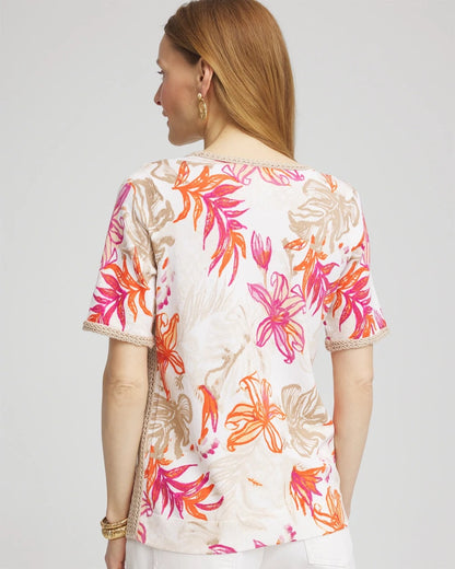 Chico's Floral Print Crochet-Trim Pullover Sweater