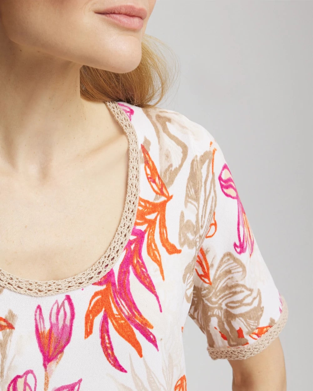 Chico's Floral Print Crochet-Trim Pullover Sweater