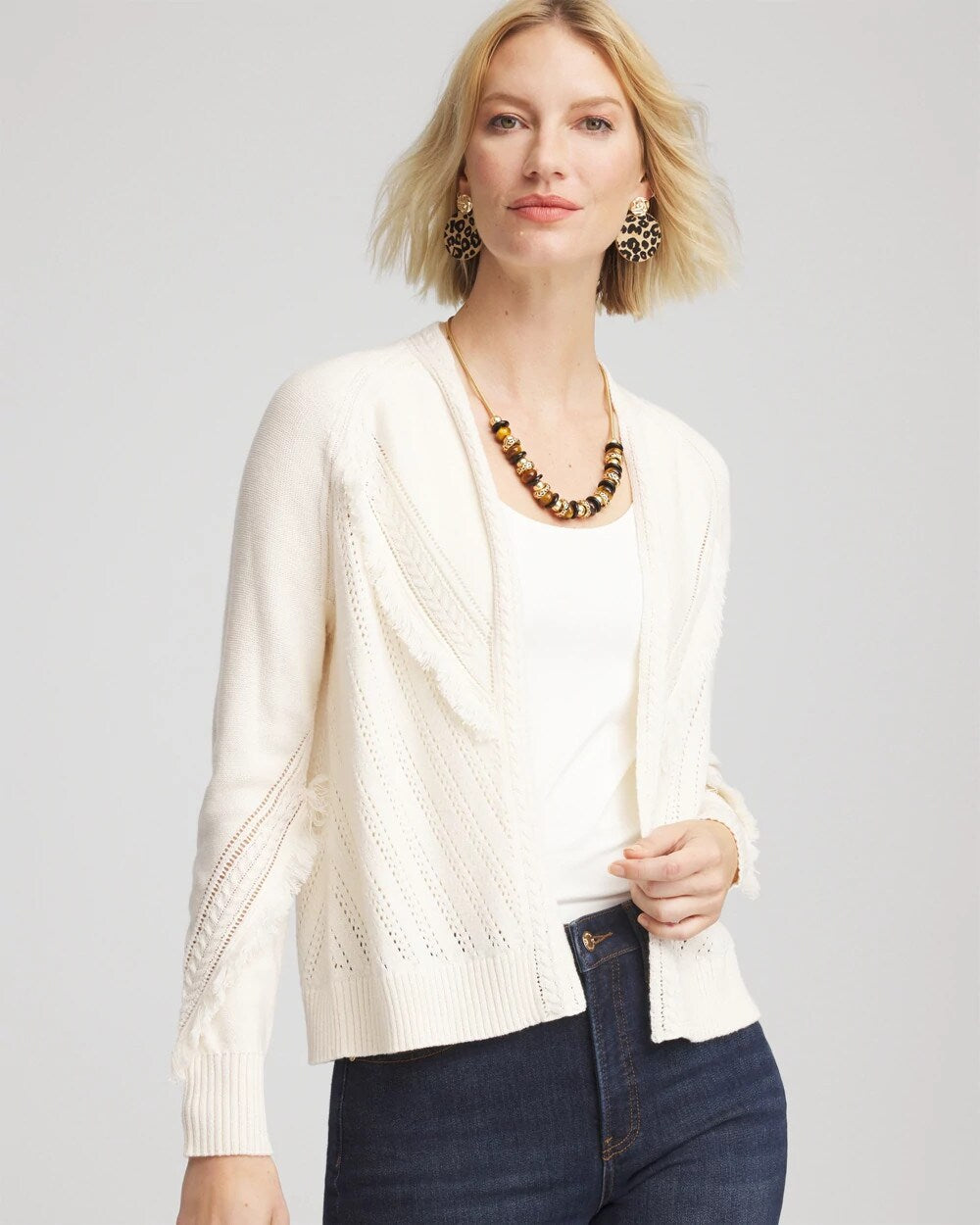 Chico's Cable Knit Fringed Sweater