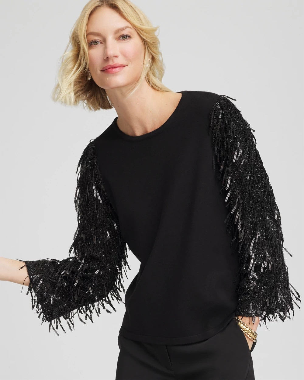 Chico's Fringe Sequins Pullover Sweater