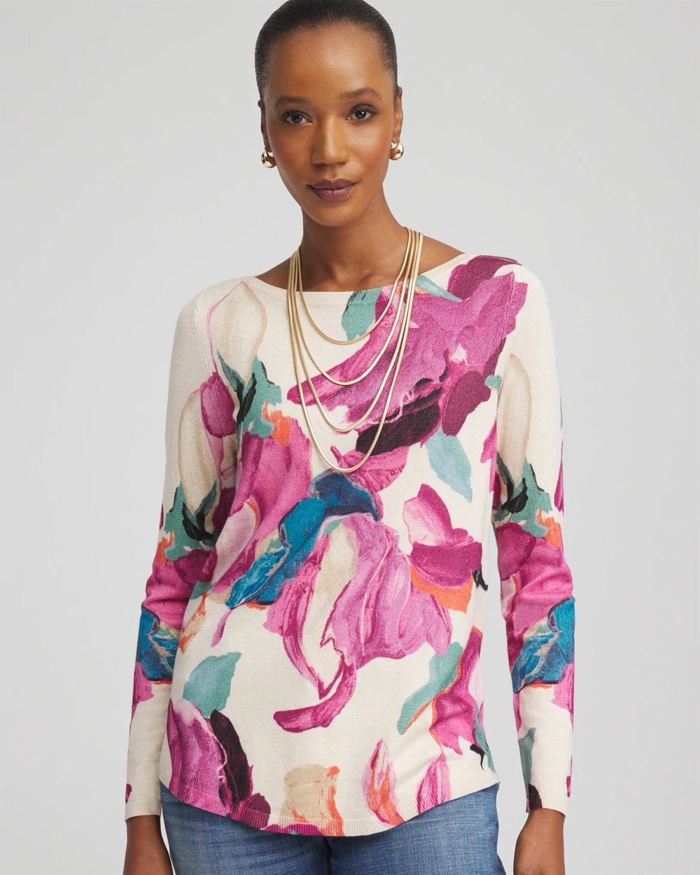 Chico's Ella Boatneck Watercolor Pullover Sweater