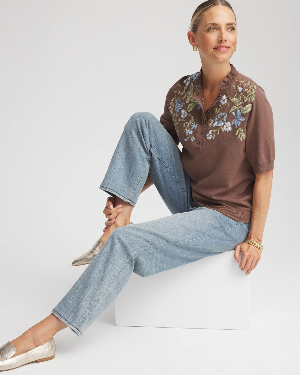 Chico's Embroidered Henley Pullover Sweater