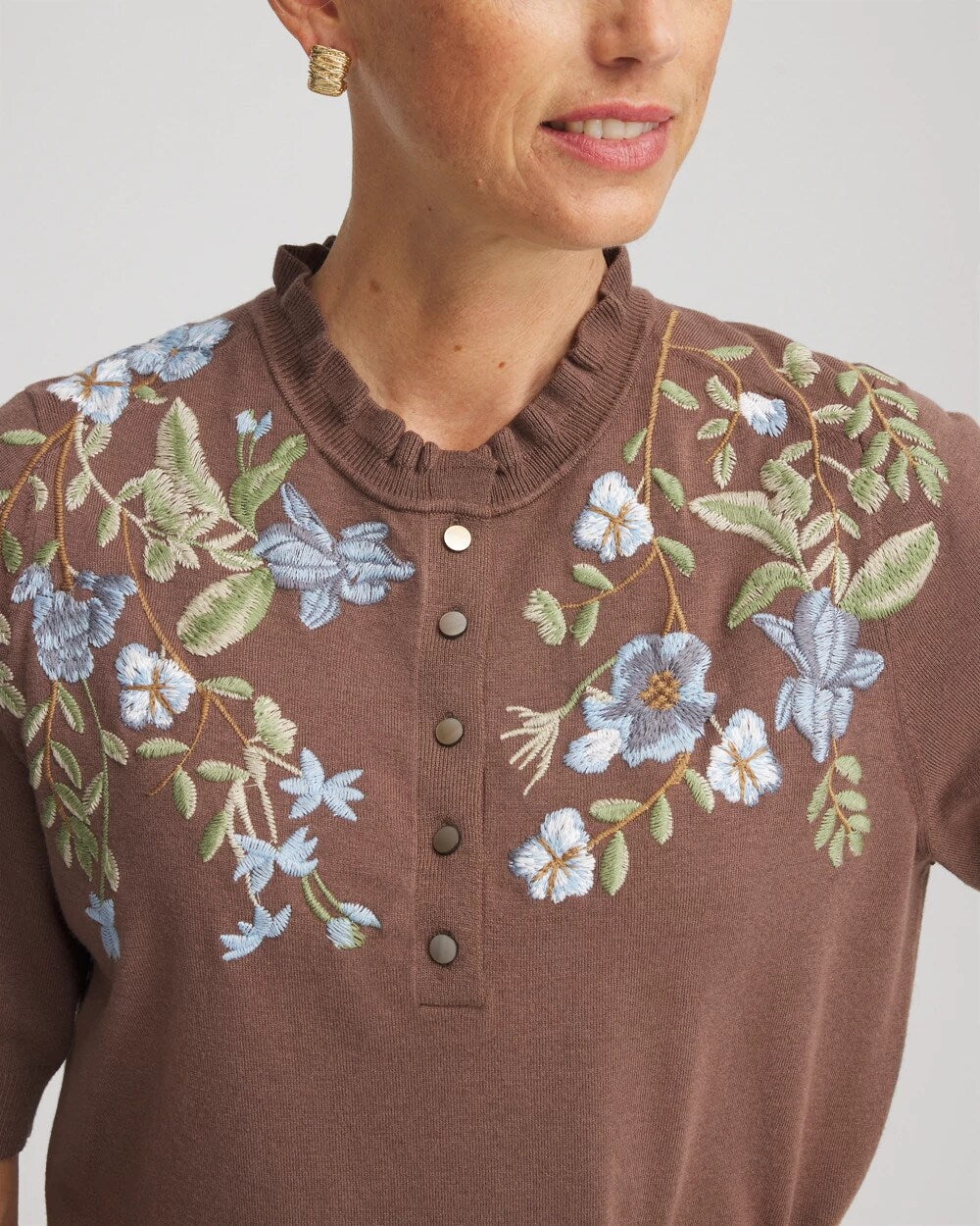 Chico's Embroidered Henley Pullover Sweater