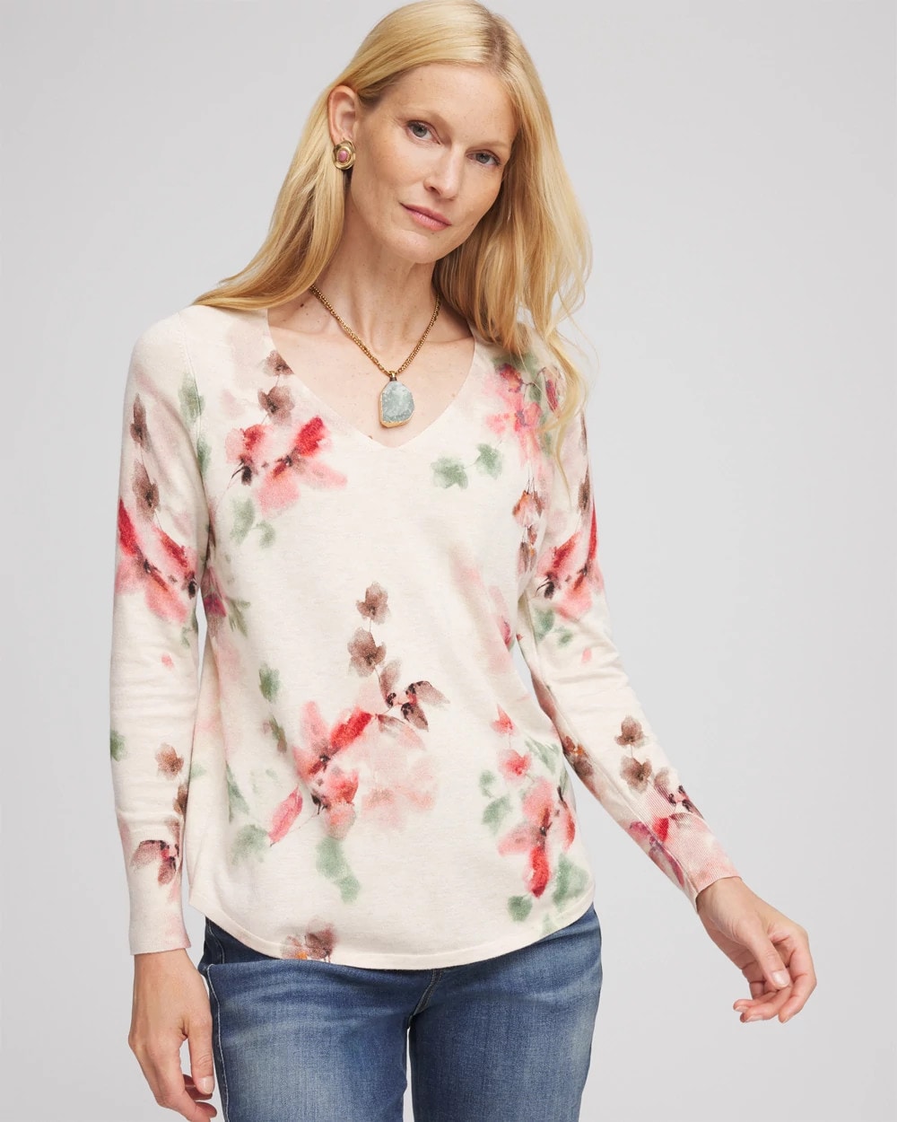Chico's Ella Flowers & Cream Pullover Sweater