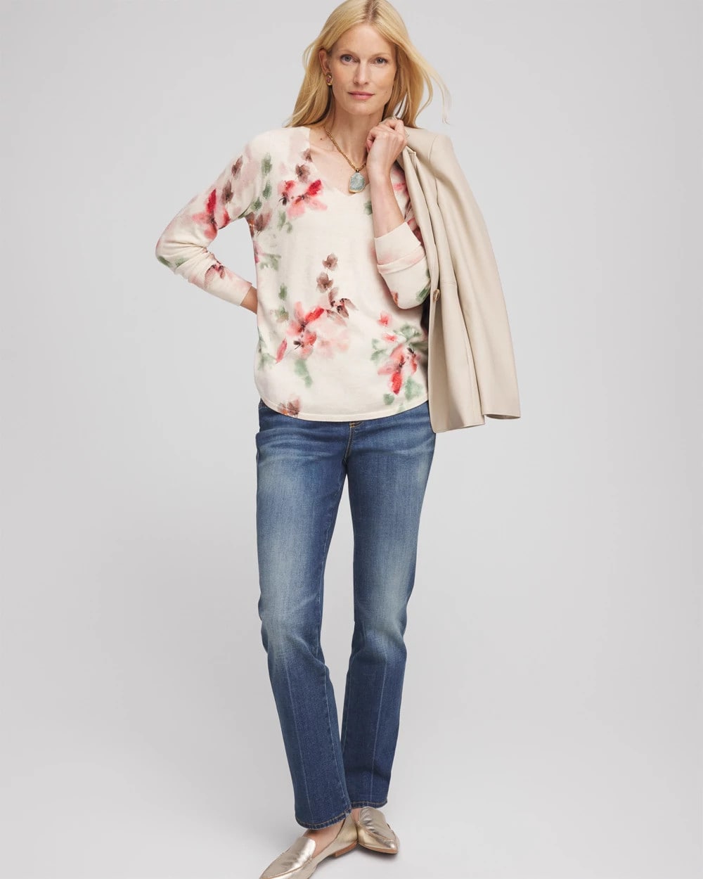 Chico's Ella Flowers & Cream Pullover Sweater