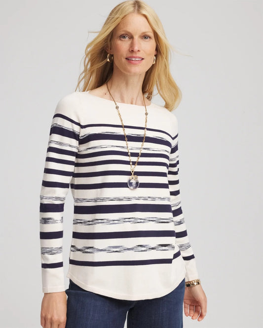 Chico's Ella Striped Bateau Pullover Sweater
