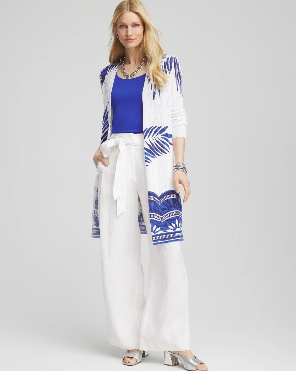Chico's Island Motif Pointelle Long Cardigan